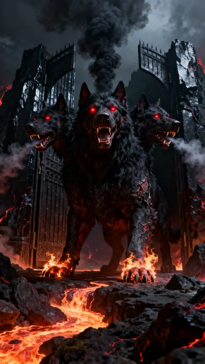 A giant black three-headed dog with red eyes guarding large stone gates with lava in the background.