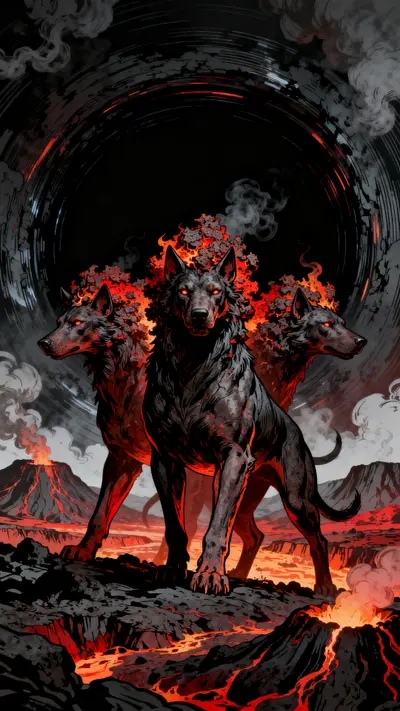 Three-headed giant black dog with glowing red eyes and lava fur guarding a cosmic portal.