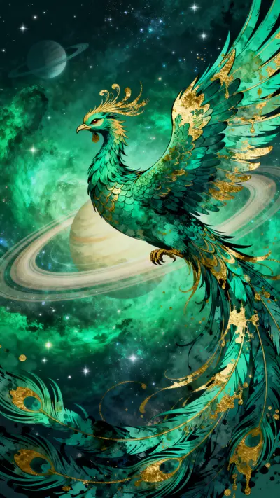 Colorful Chinese phoenix with jade and teal feathers flying through a green space nebula with stars and planets.