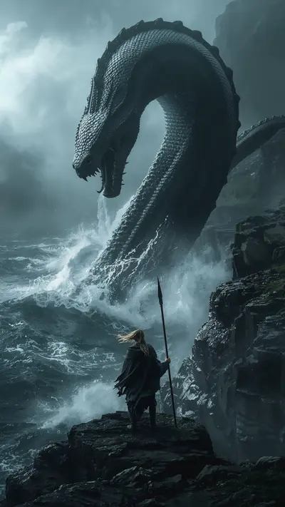 Celtic warrior Cú Chulainn with a spear facing a massive sea serpent rising from a stormy dark lake.