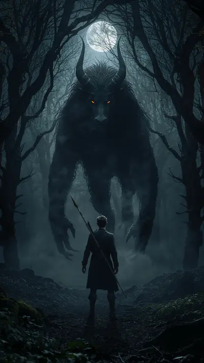 A Celtic warrior with a spear facing a shadowy creature with glowing eyes in a foggy forest at night.