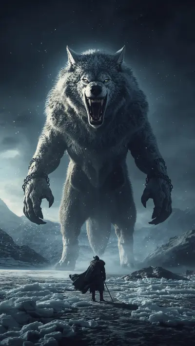 A massive wolf baring its teeth as chains snap around its body on a dark, snowy battlefield.