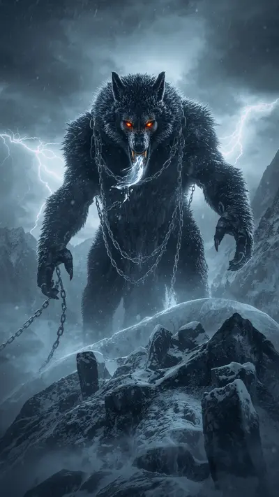 A giant black wolf with glowing amber eyes and broken chains standing on a snowy mountain peak.