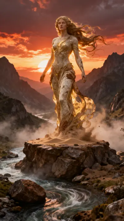 Goddess Gaia standing on a mountain plateau with flowing hair made of earth under a sunset sky.