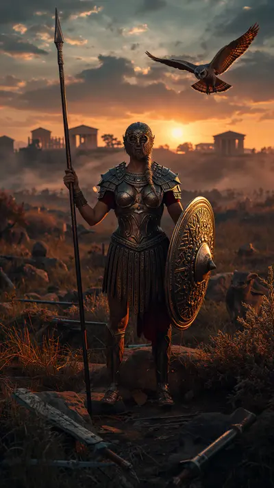 Goddess Athena in Greek armor holding a spear and shield on a battlefield at dawn with an owl flying nearby.