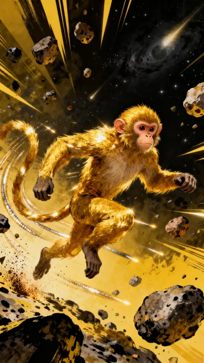 Golden monkey jumping through grey asteroids in space with golden dust trails and star background.