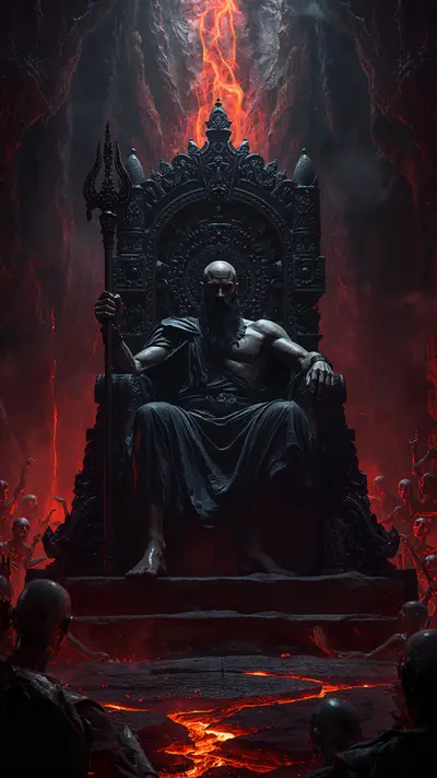 Hades sitting on a black throne in the underworld with lava rivers and ghostly figures in the background.