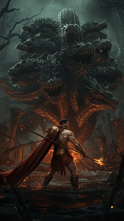 A muscular warrior with a burning spear fighting a giant many-headed serpent in a dark swamp.