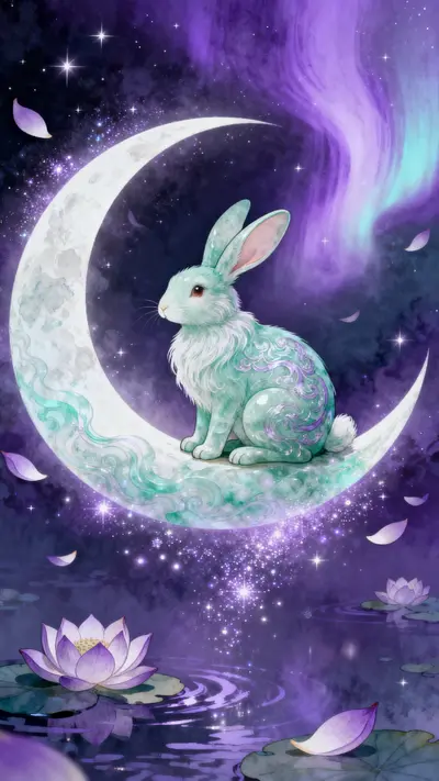 Cute white rabbit on a crescent moon with purple aurora lights and floating pink flowers in space.