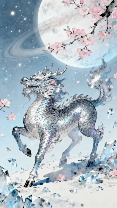 Blue and white mythical Kirin jumping through floating flowers and stars in space.