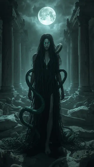 Medusa with glowing blue eyes and snake hair standing in a moonlit ruined temple surrounded by stone statues.