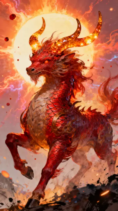 Mythical Chinese Qilin creature surrounded by orange solar plasma and bright sunlight in space.