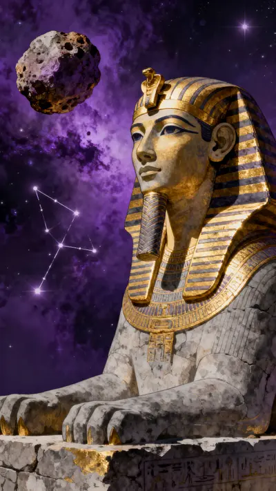Ancient Sphinx sitting on an asteroid with stars and a purple nebula in the background.