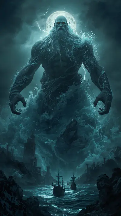 A giant humanoid figure made of water and stone rising from a dark sea under a moonlit sky.