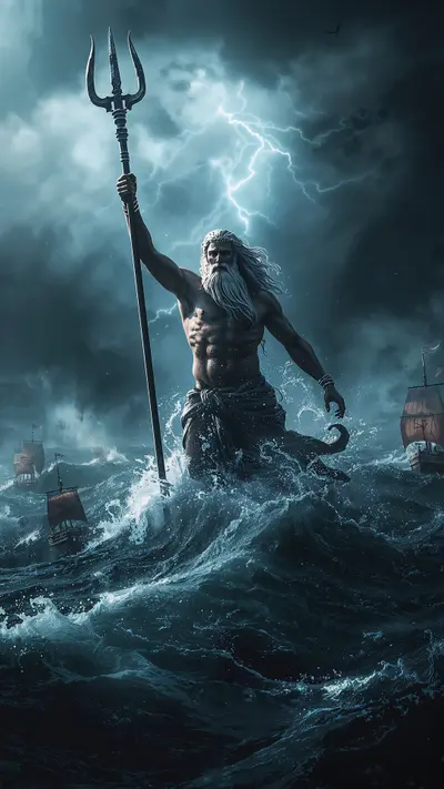 Poseidon holding a large trident while rising from a stormy ocean with lightning and sailing ships in the background.