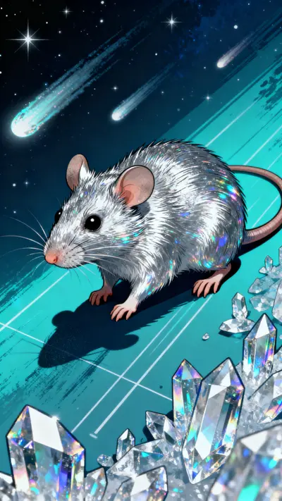 Small silver rat with shiny fur floating in space with a bright comet and blue ice crystals behind it.