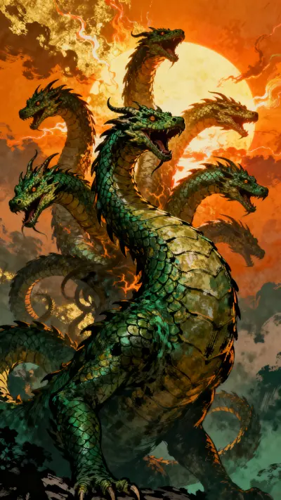 Multi-headed green and gold serpent coiled around a bright orange sun with solar flares.