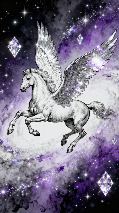White winged horse with glowing blue eyes flying through a purple nebula with silver stardust.