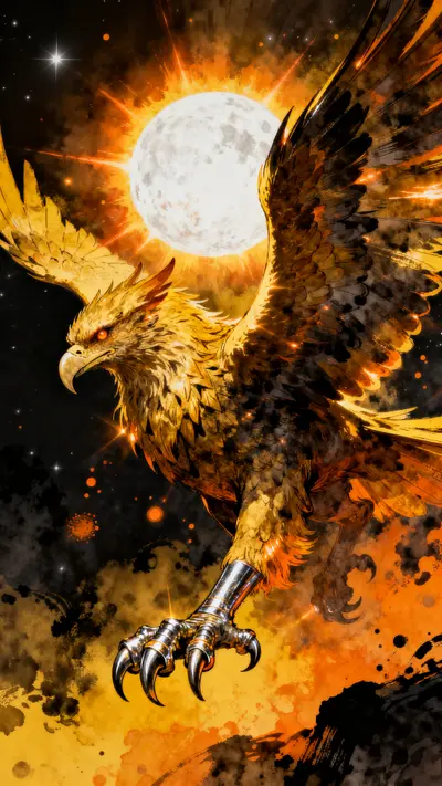 Golden Griffin with lion body and eagle head flying near a bright white star with yellow solar flares.