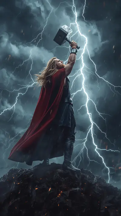Thor raising Mjolnir to the sky on a rocky peak surrounded by swirling storm clouds and lightning.