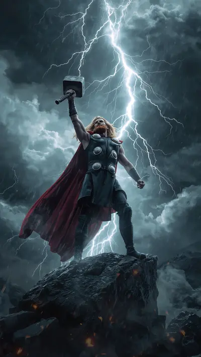 Thor with red beard raising Mjolnir on a mountain as lightning strikes during a heavy storm.