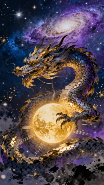 Traditional long Chinese dragon coiling around planets and stars in a purple and gold space nebula.