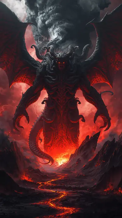 A gigantic monster with many snake heads and bat wings rising from a volcanic landscape under a red sky.