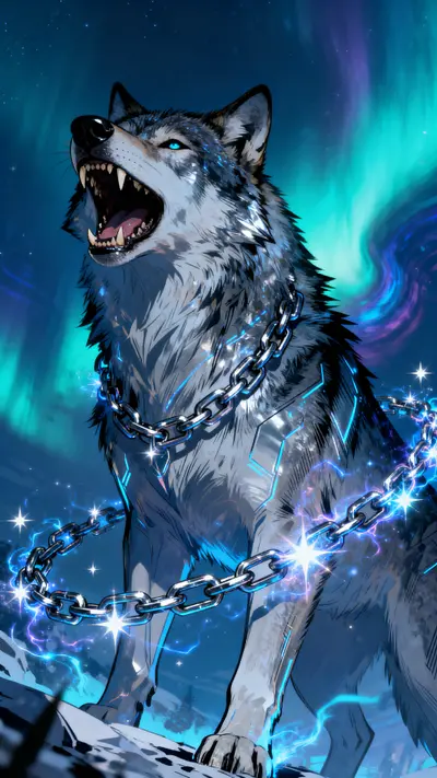 Massive black wolf with glowing blue eyes breaking silver chains in a space background with aurora lights.