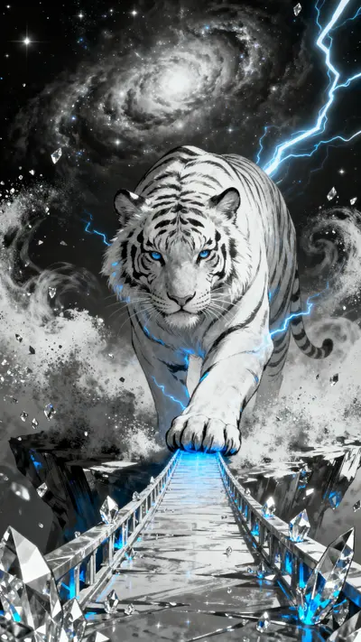 Mythical white tiger with silver fur and blue energy standing on a glowing cosmic bridge with a star explosion background.