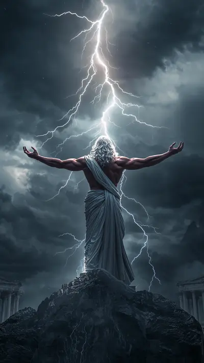 Zeus standing on Mount Olympus with arms open as lightning bolts strike his hands during a storm.