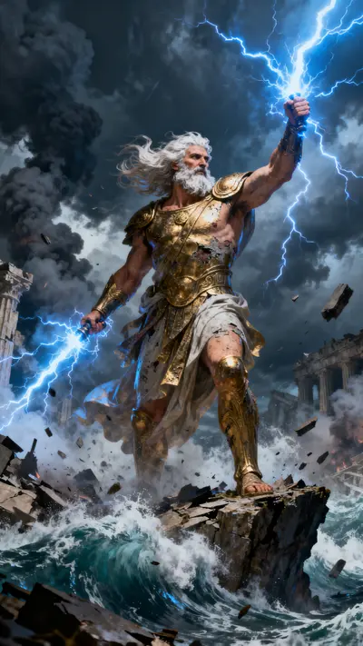 Zeus standing on a rock holding lightning bolts in his golden armor as waves crash in a storm.