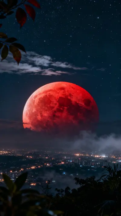 An enormous blood-red moon looms over a glowing city at night with wisps of white clouds and stars.