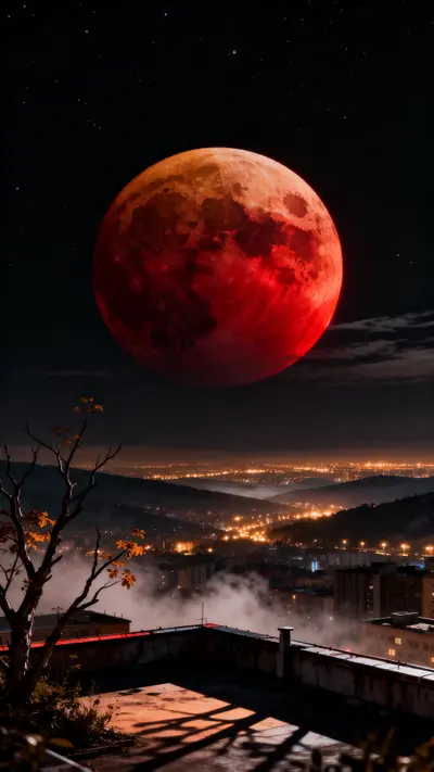 A detailed blood-red moon looms over a foggy city at night as seen from a dark rooftop with a small tree.