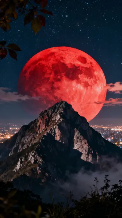 A sharp mountain peak centered in front of a giant red lunar eclipse under a starry night sky.