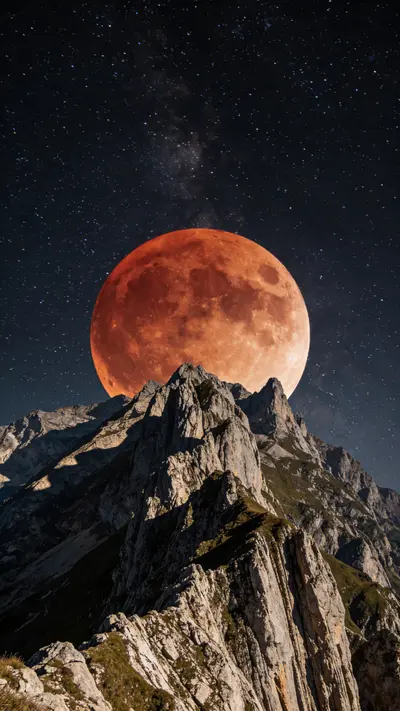 A detailed red moon positioned above a rocky mountain ridge under the Milky Way galaxy at night.