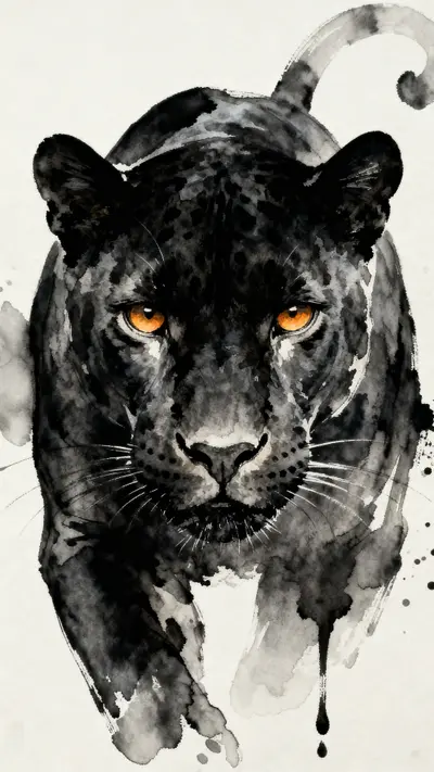 Symmetrical watercolor painting of a black panther's face with bright yellow eyes on a white background.