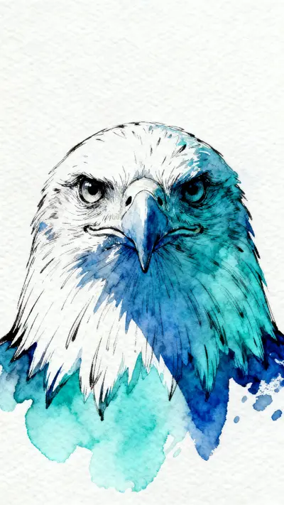Detailed watercolor painting of an eagle's head facing forward with blue and turquoise feathers.