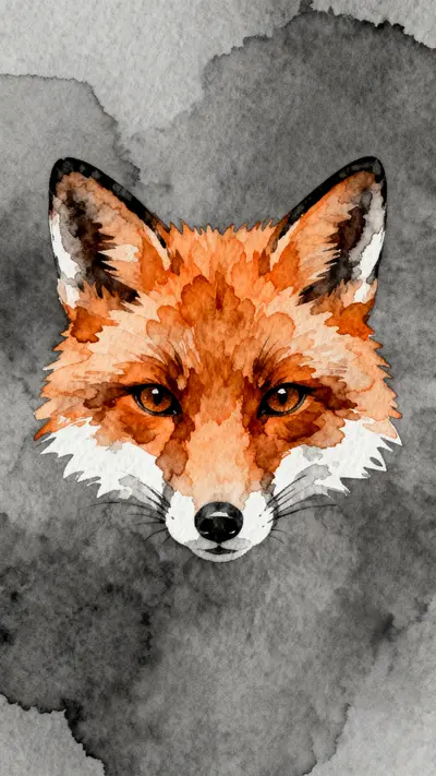 Frontal watercolor portrait of a fox with orange and white fur and sharp black features in an artistic logo style.