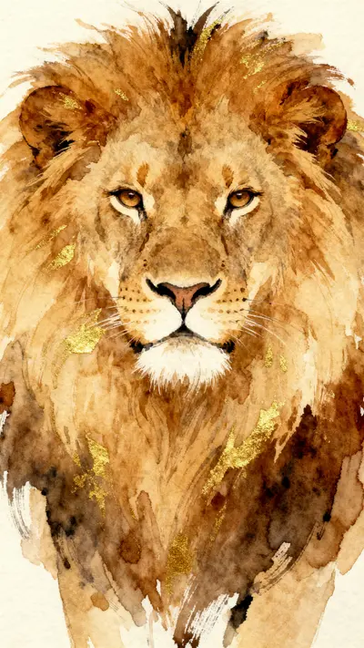Symmetrical watercolor portrait of a lion's head with orange and brown paint splashes and golden highlights.