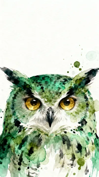 Artistic watercolor portrait of an owl's face with green feathers and bright golden eyes.