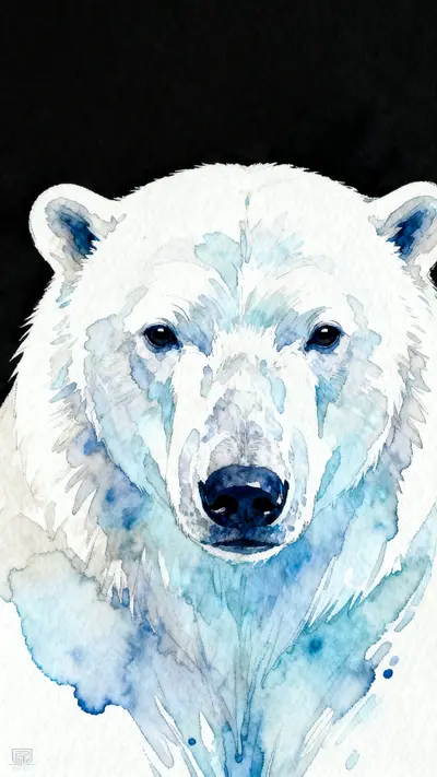 Frontal watercolor portrait of a polar bear with soft blue and white paint washes and artistic ink drips.