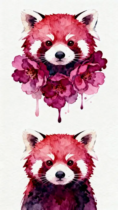 Frontal watercolor portrait of a red panda's face with bright red and pink fur on a clean white background.