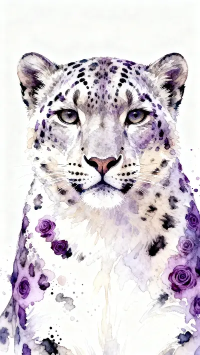 Detailed watercolor portrait of a snow leopard's face with purple and lavender tones and dark spots.
