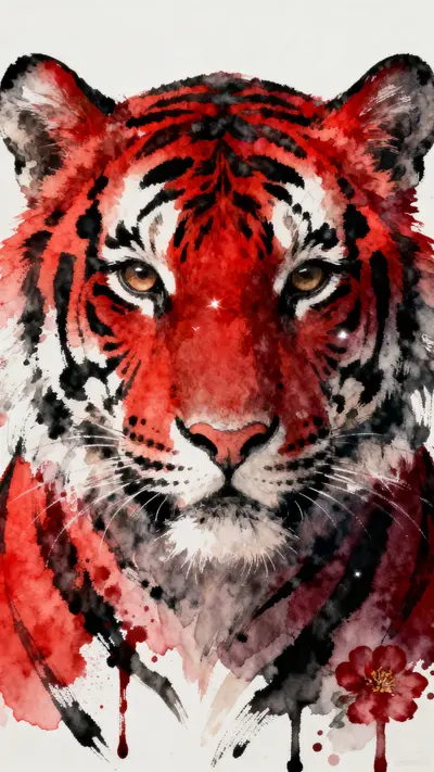 Frontal watercolor portrait of a tiger with bright red and orange fur and sharp black stripes on a clean white background.