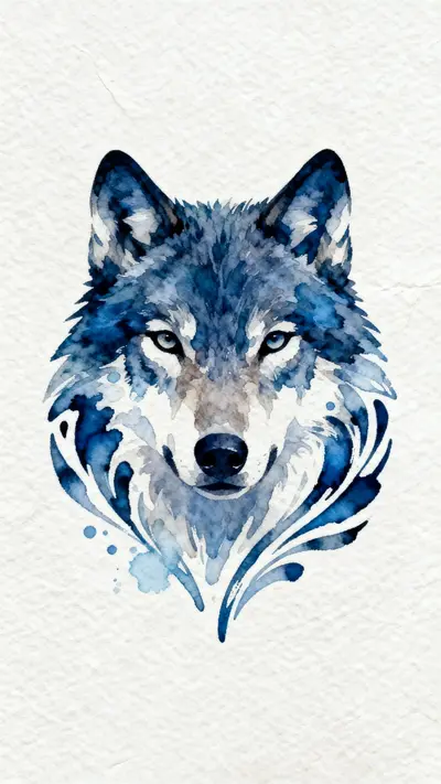 Symmetrical watercolor painting of a wolf's face in blue and dark indigo ink with artistic paint splatters.