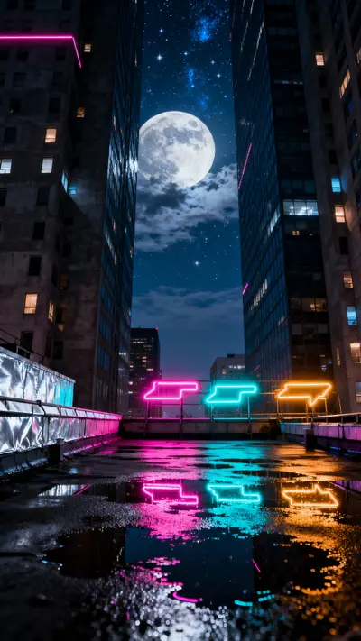 Rain-soaked rooftop at midnight with neon reflections in puddles and skyscrapers converging toward a star-filled sky and full moon.