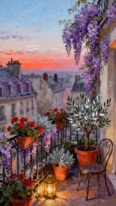 Impressionist oil painting of a Parisian rooftop garden with wisteria and geraniums glowing at twilight dusk