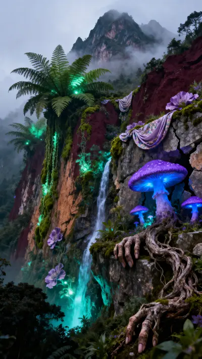 Ancient mountain cliffs covered in giant ferns, bioluminescent mushrooms and cascading moss with a narrow waterfall