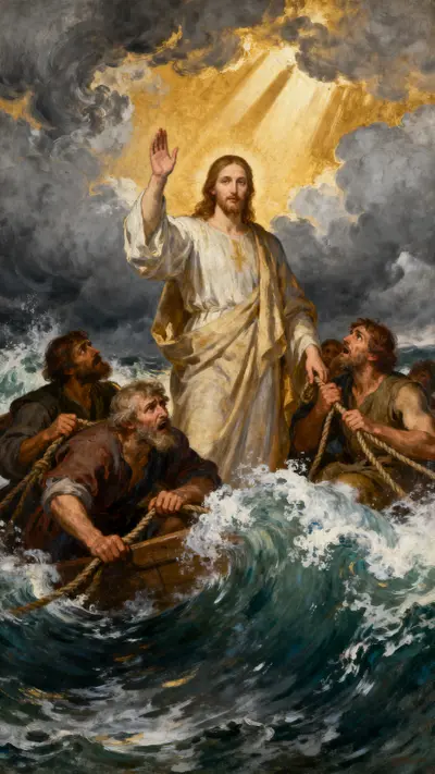 Jesus Christ stands in a small boat amidst a violent storm at sea, raising his hand to calm the waves and wind.