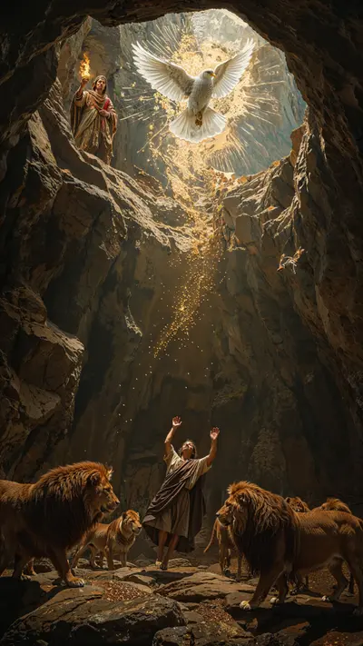 Biblical scene of Daniel in a rocky den with lions, featuring a radiant golden dove and Caravaggio-style lighting.
